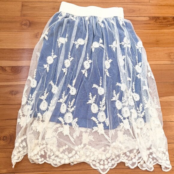 Women Mint Green Lace Floral Midi A Line Skirts in Blue White Size Small - Picture 1 of 7